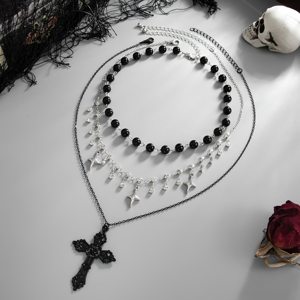 Black Resin and Cubic Zirconia Silvertone Star Station Cross Pendant Necklace Set, silver pendant necklace for..., side view