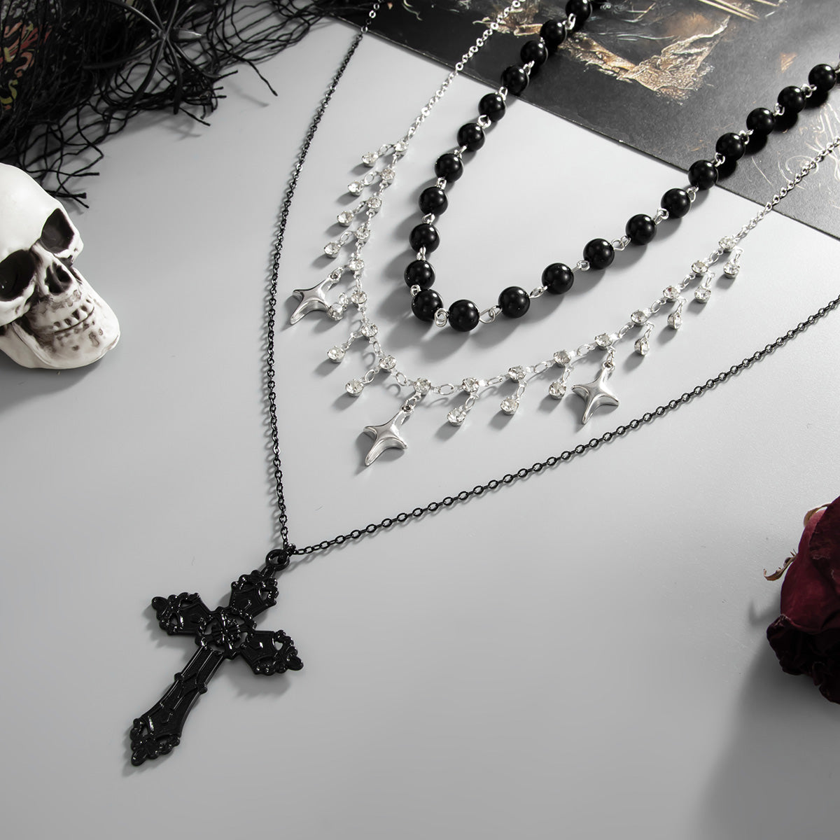 Black Resin and Cubic Zirconia Silvertone Star Station Cross Pendant Necklace Set, silver pendant..., detail close-up