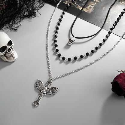 Black Polyster and Acrylic Silvertone Skull Butterfly Cross Pendant Necklace Set, silver pendant necklace for..., side view