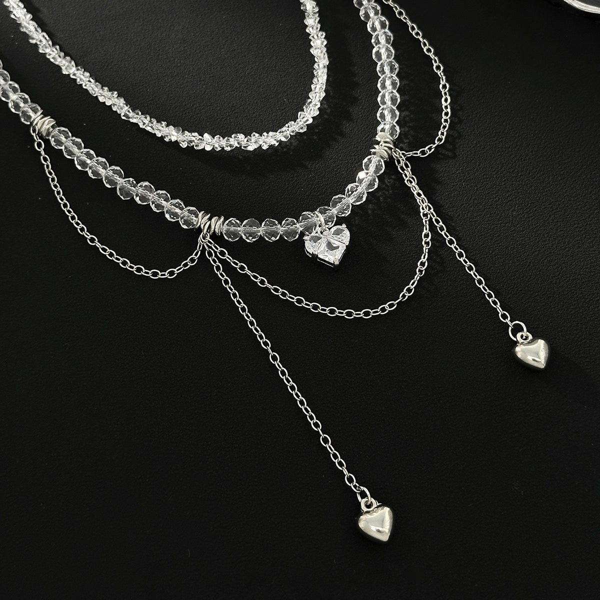 Clear Crystal & Acrylic Silvertone Heart Pendant Tassel Necklace Set
