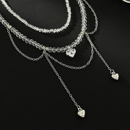 Clear Crystal & Acrylic Silvertone Heart Pendant Tassel Necklace Set