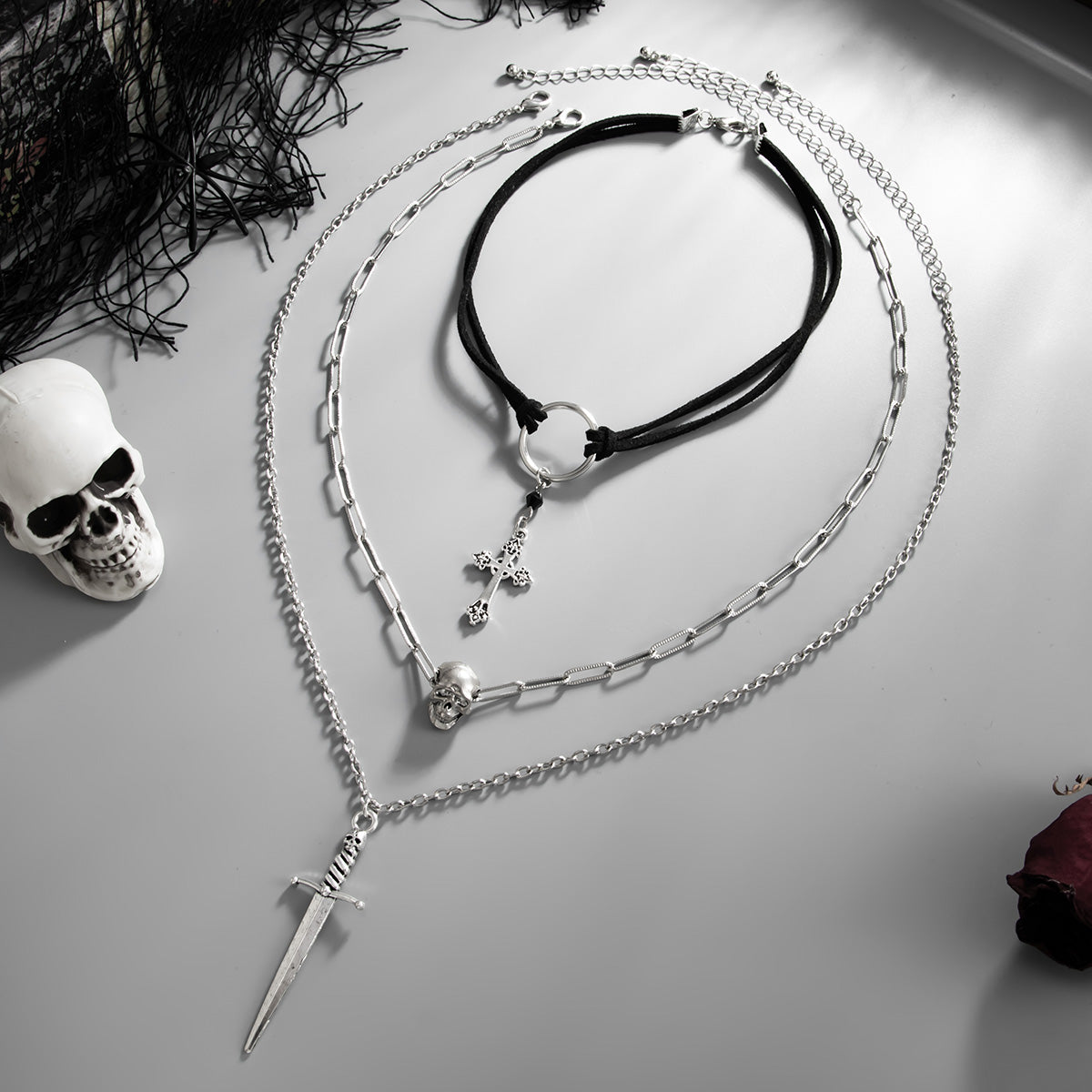 Black Polyster and Acrylic Silvertone Skull Cross Sword Pendant Necklace Set, silver pendant necklace for women, side view