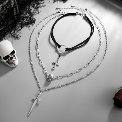 Black Polyster and Acrylic Silvertone Skull Cross Sword Pendant Necklace Set, silver pendant necklace for women, side view