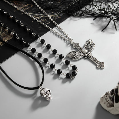 Black Polyster and Acrylic Silvertone Skull Butterfly Cross Pendant Necklace Set, silver pendant..., detail close-up