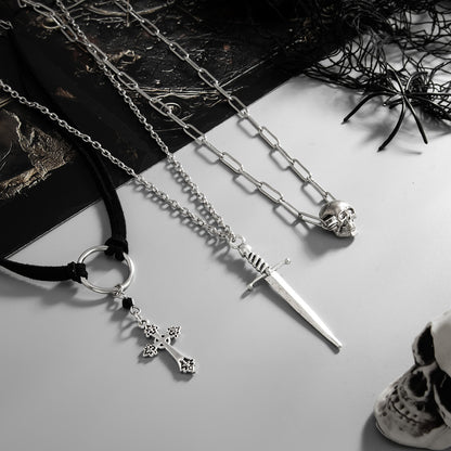 Black Polyster and Acrylic Silvertone Skull Cross Sword Pendant Necklace Set, silver pendant necklace..., detail close-up