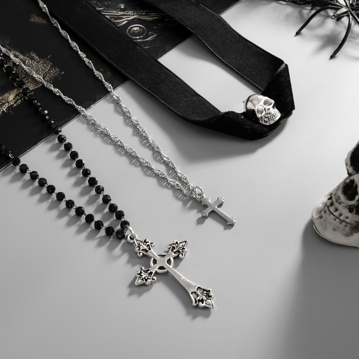 Black Polyster and Acrylic Silvertone Skull Cross Charm Necklace Set, silver pendant necklace for women, detail close-up