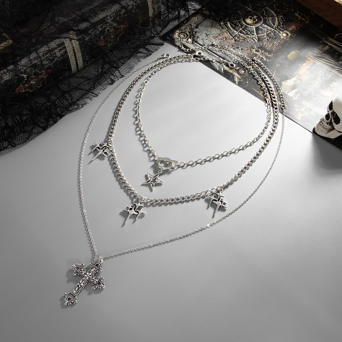 Silvertone Stacked Star Cross Pendant Necklace Set, silver pendant necklace for women, vintage-inspired design, side view