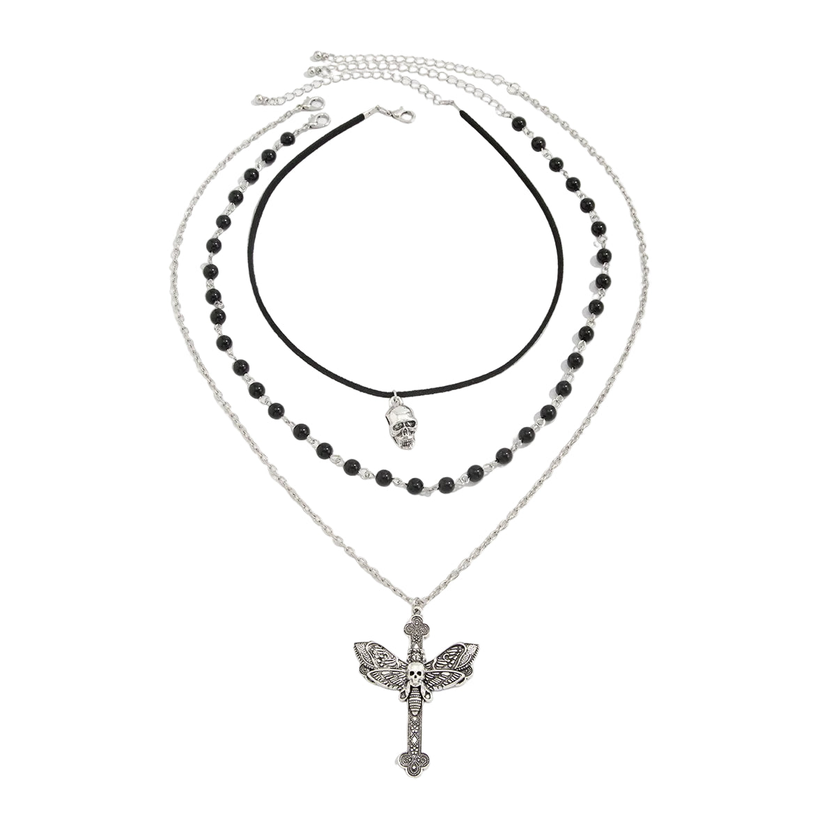 Black Polyster and Acrylic Silvertone Skull Butterfly Cross Pendant Necklace Set, silver pendant necklace for..., front view