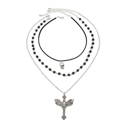 Black Polyster and Acrylic Silvertone Skull Butterfly Cross Pendant Necklace Set, silver pendant necklace for..., front view