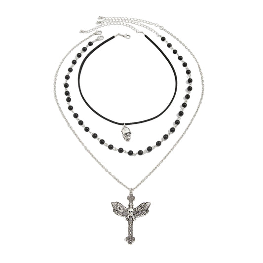 Black Polyster and Acrylic Silvertone Skull Butterfly Cross Pendant Necklace Set, silver pendant necklace for..., front view