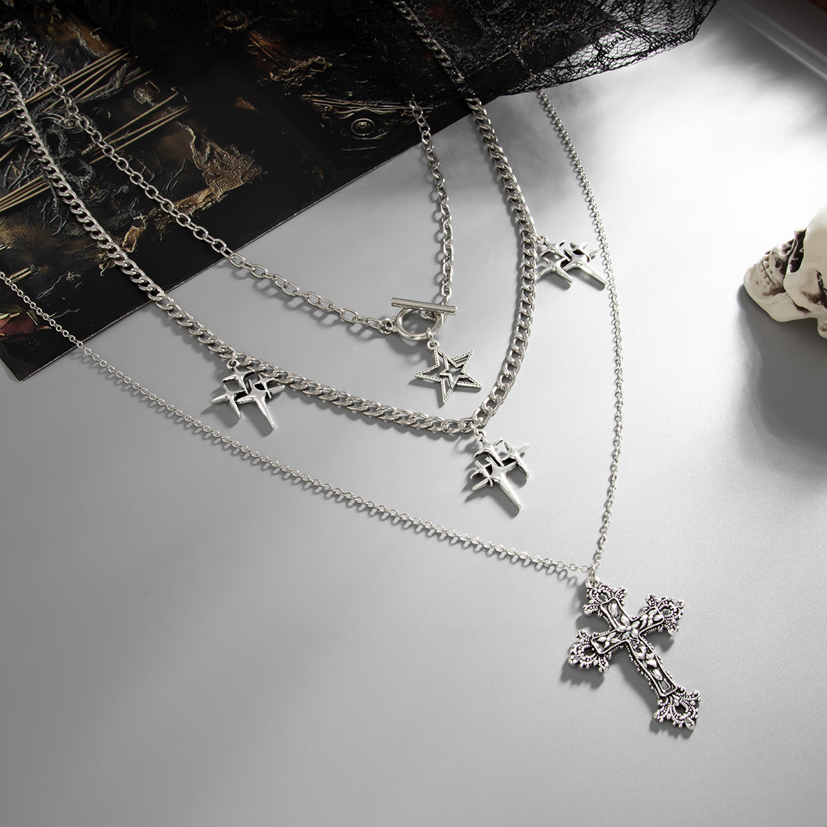 Silvertone Stacked Star Cross Pendant Necklace Set, silver pendant necklace for women, detail close-up