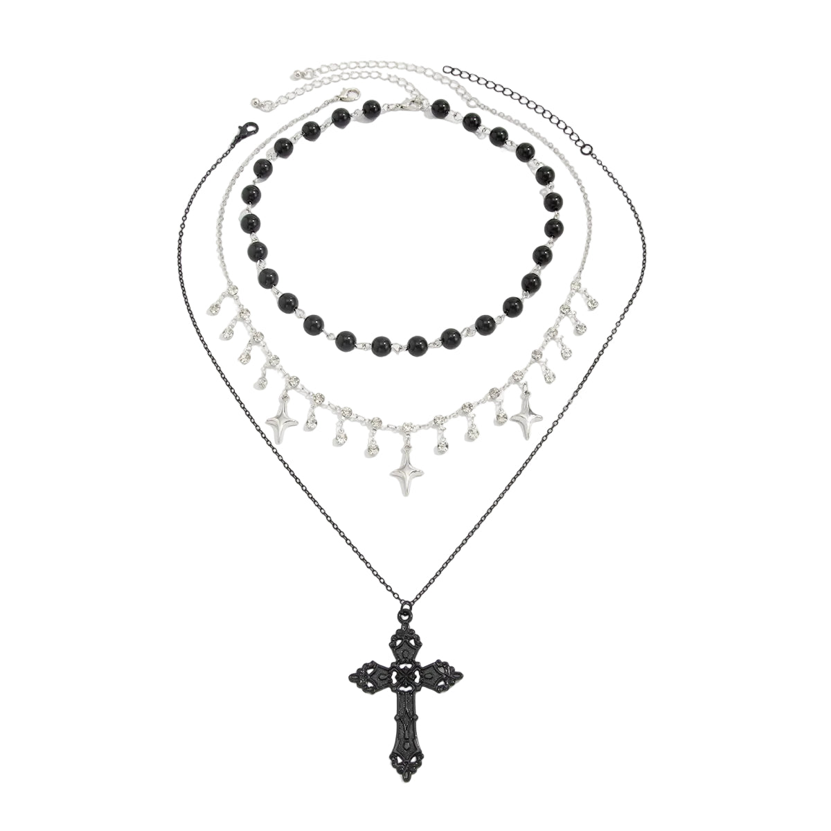 Black Resin and Cubic Zirconia Silvertone Star Station Cross Pendant Necklace Set, silver pendant necklace..., front view