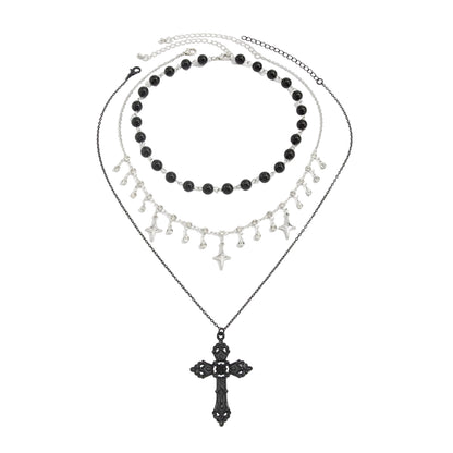 Black Resin and Cubic Zirconia Silvertone Star Station Cross Pendant Necklace Set, silver pendant necklace..., front view