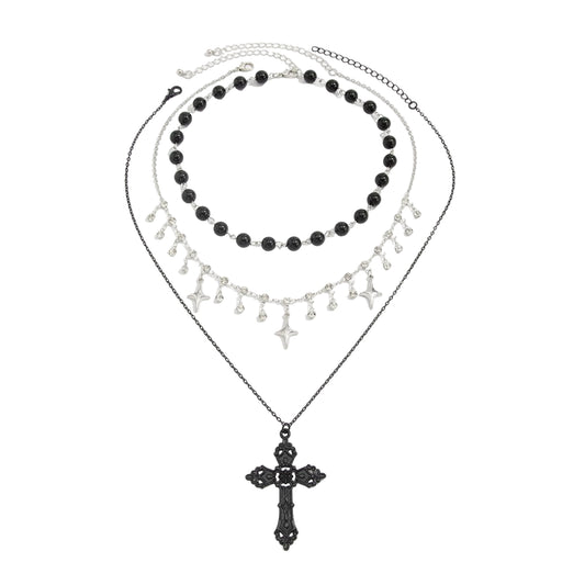 Black Resin and Cubic Zirconia Silvertone Star Station Cross Pendant Necklace Set, silver pendant necklace..., front view