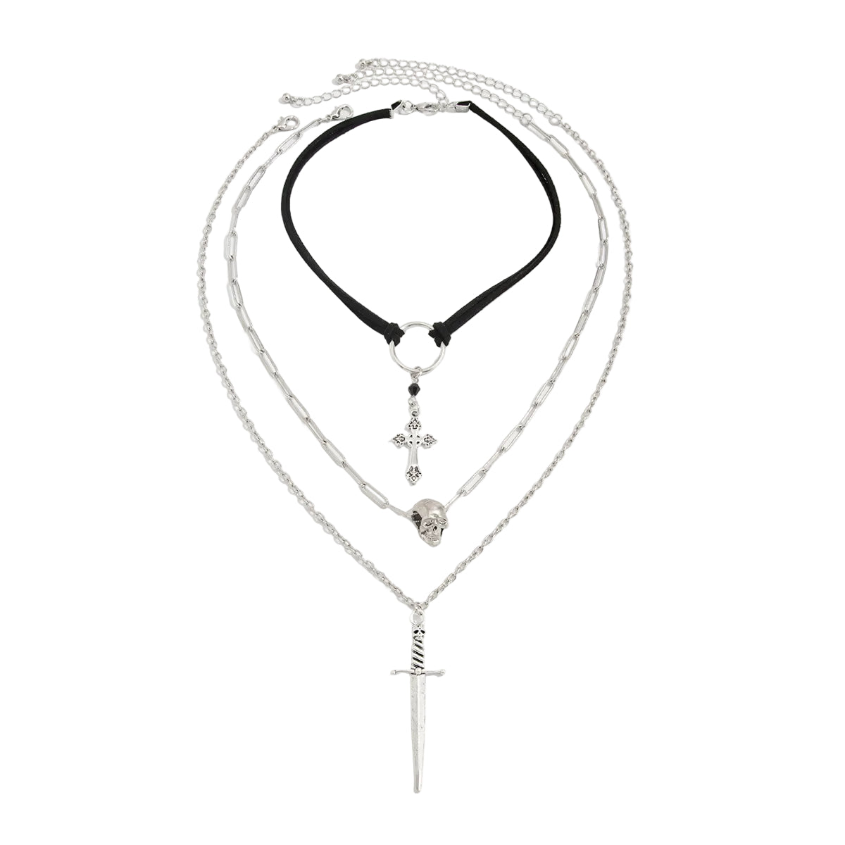 Black Polyster and Acrylic Silvertone Skull Cross Sword Pendant Necklace Set, silver pendant necklace for women, front view