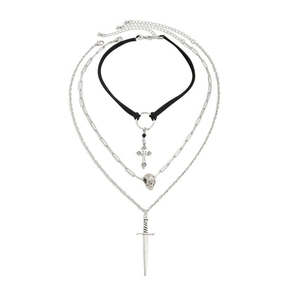 Black Polyster and Acrylic Silvertone Skull Cross Sword Pendant Necklace Set, silver pendant necklace for women, front view