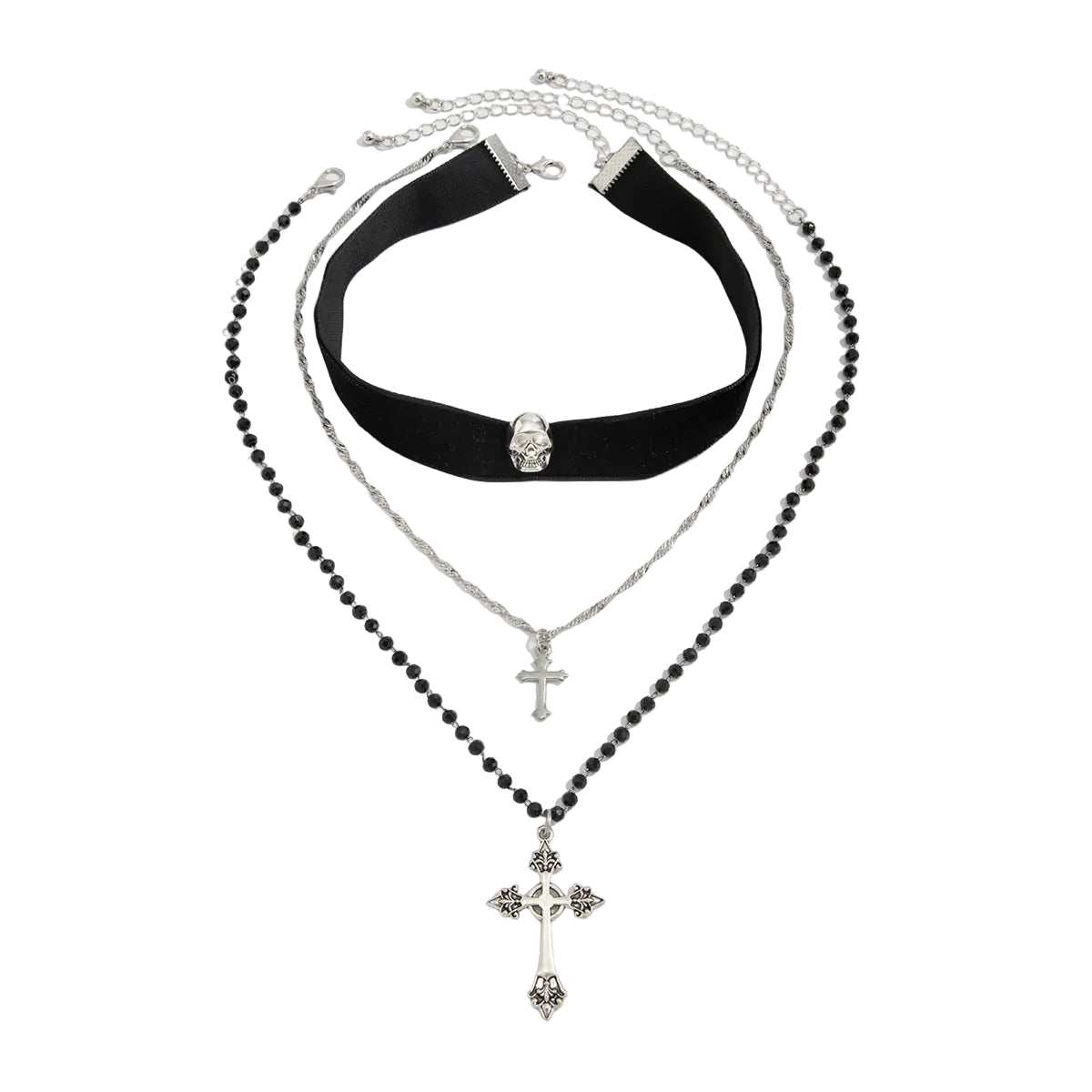 Black Polyster and Acrylic Silvertone Skull Cross Charm Necklace Set, silver pendant necklace for women, front view