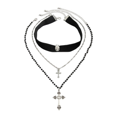 Black Polyster and Acrylic Silvertone Skull Cross Charm Necklace Set, silver pendant necklace for women, front view