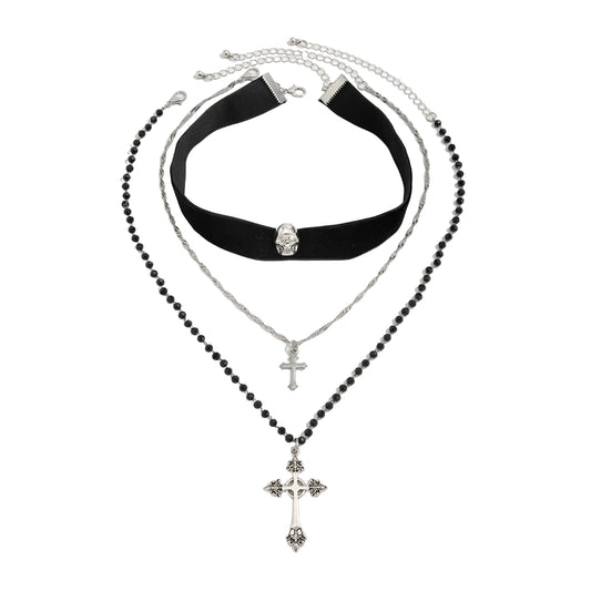 Black Polyster and Acrylic Silvertone Skull Cross Charm Necklace Set, silver pendant necklace for women, front view