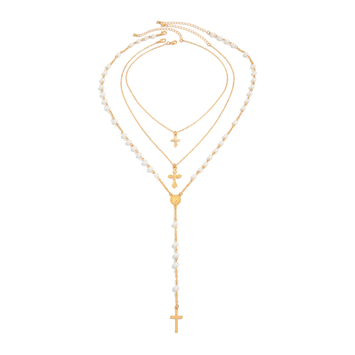 Pearl and Goldtone Beads Chain Cross Pendant Drop Necklace Set, gold pendant necklace for women, front view
