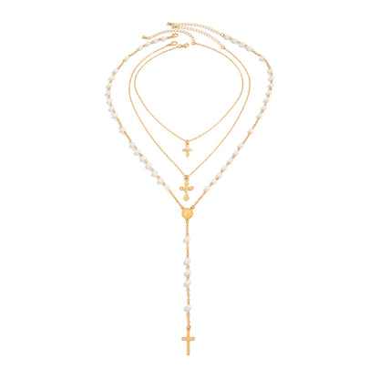 Pearl and Goldtone Beads Chain Cross Pendant Drop Necklace Set, gold pendant necklace for women, front view