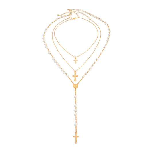 Pearl and Goldtone Beads Chain Cross Pendant Drop Necklace Set, gold pendant necklace for women, front view