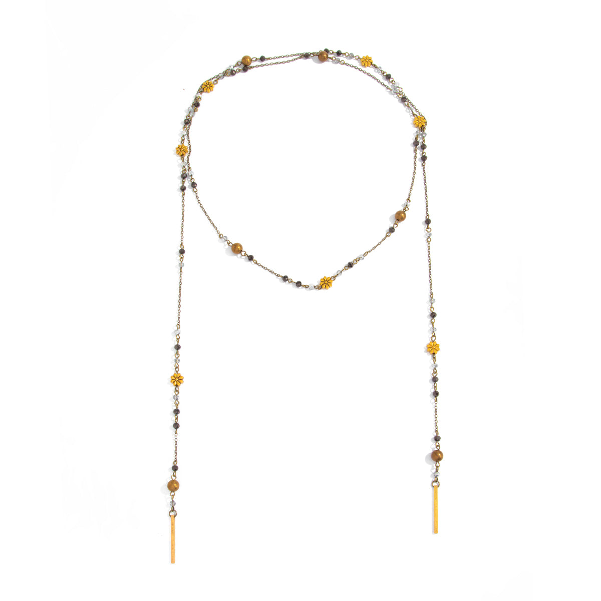 Colored Acrylic and Goldtone Bead Flower Station Long Necklace, elegant gift for her, front view