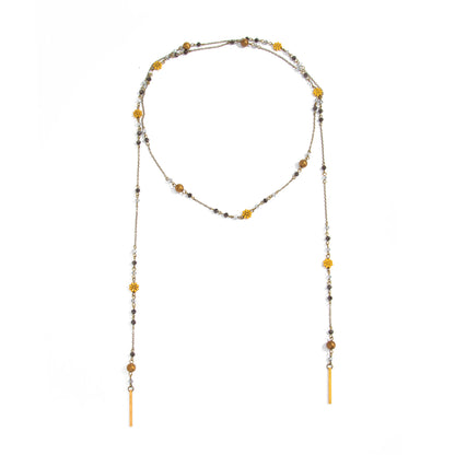 Colored Acrylic and Goldtone Bead Flower Station Long Necklace, elegant gift for her, front view