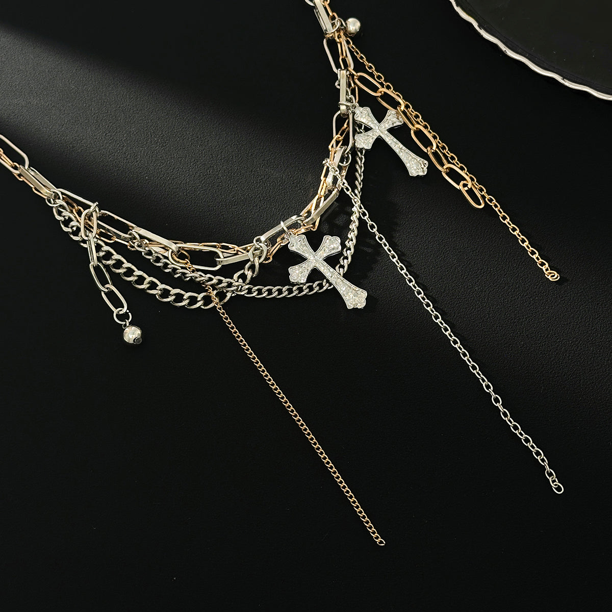 Two Tone Cross Pendant Layered Tassel Necklace, vintage-inspired design, side view