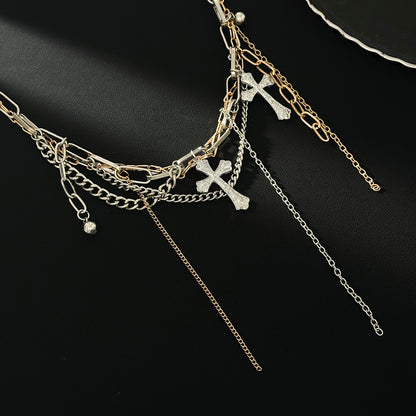 Two Tone Cross Pendant Layered Tassel Necklace, vintage-inspired design, side view