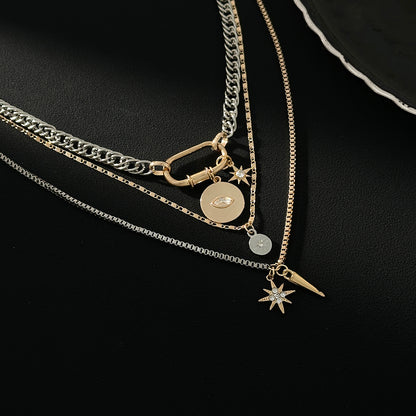 Cubic Zirconia and Two Tone Eye Star Pendant Layered Necklace, elegant gift for her, side view