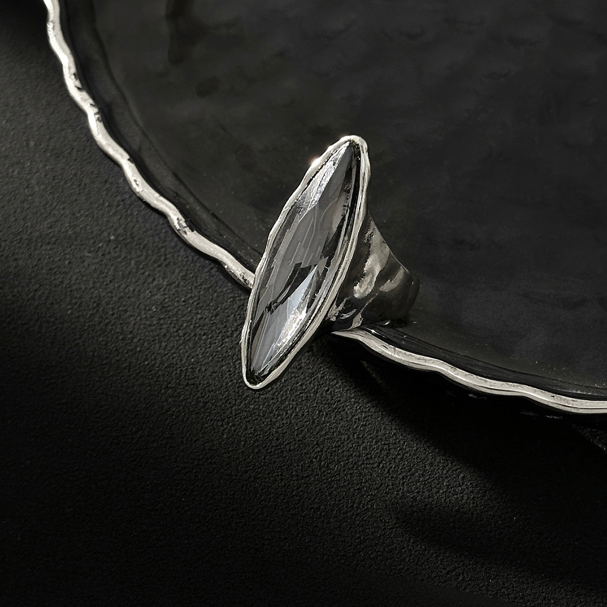 Gray Crystal and Silvertone Marquise Open Ring, elegant gift for her, side view