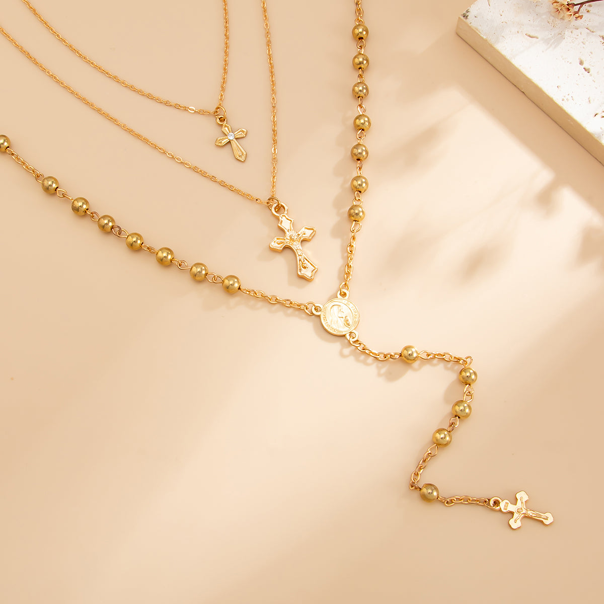Goldtone Beads Chain Cross Pendant Drop Necklace Set, gold pendant necklace for women, vintage-inspired design, side view