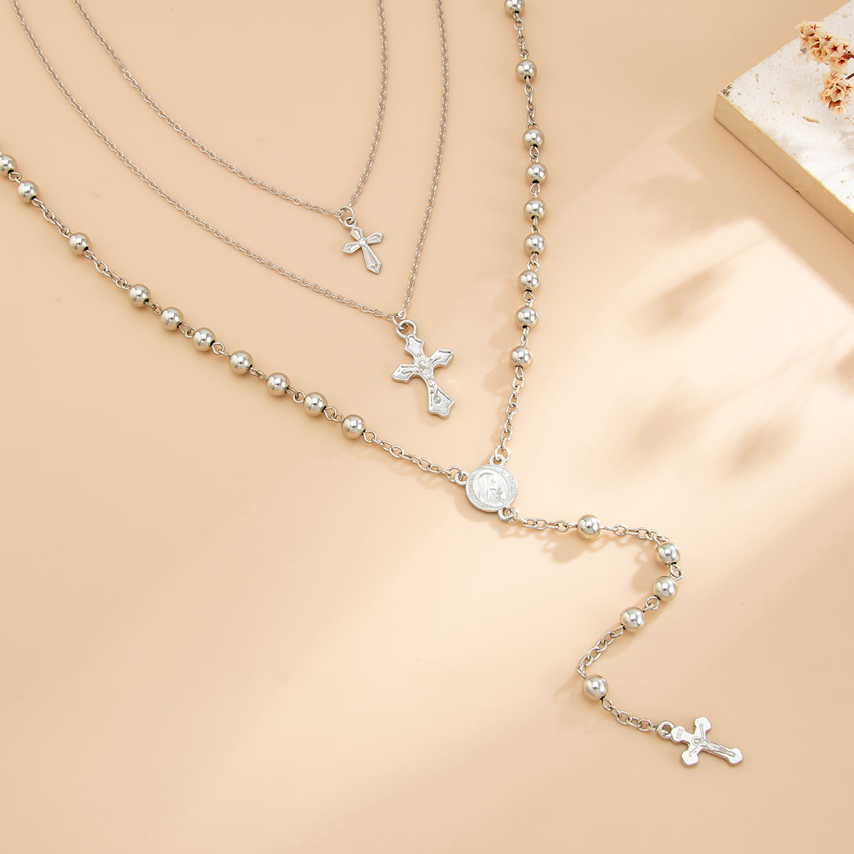 Silvertone Beads Chain Cross Pendant Drop Necklace Set, silver pendant necklace for women, everyday style, side view