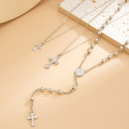 Silvertone Beads Chain Cross Pendant Drop Necklace Set, silver pendant necklace for women, everyday style, detail close-up