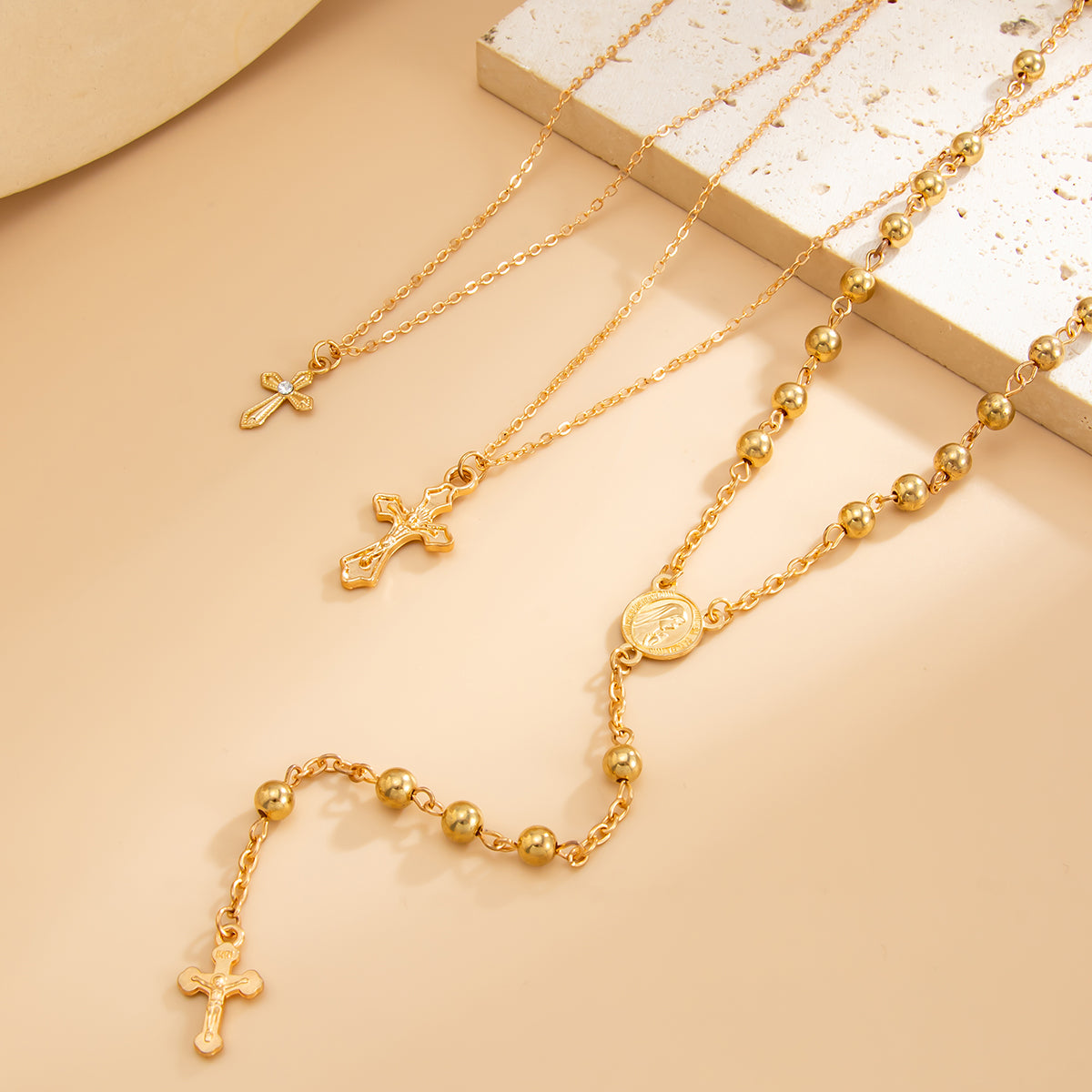 Goldtone Beads Chain Cross Pendant Drop Necklace Set, gold pendant necklace for women, detail close-up