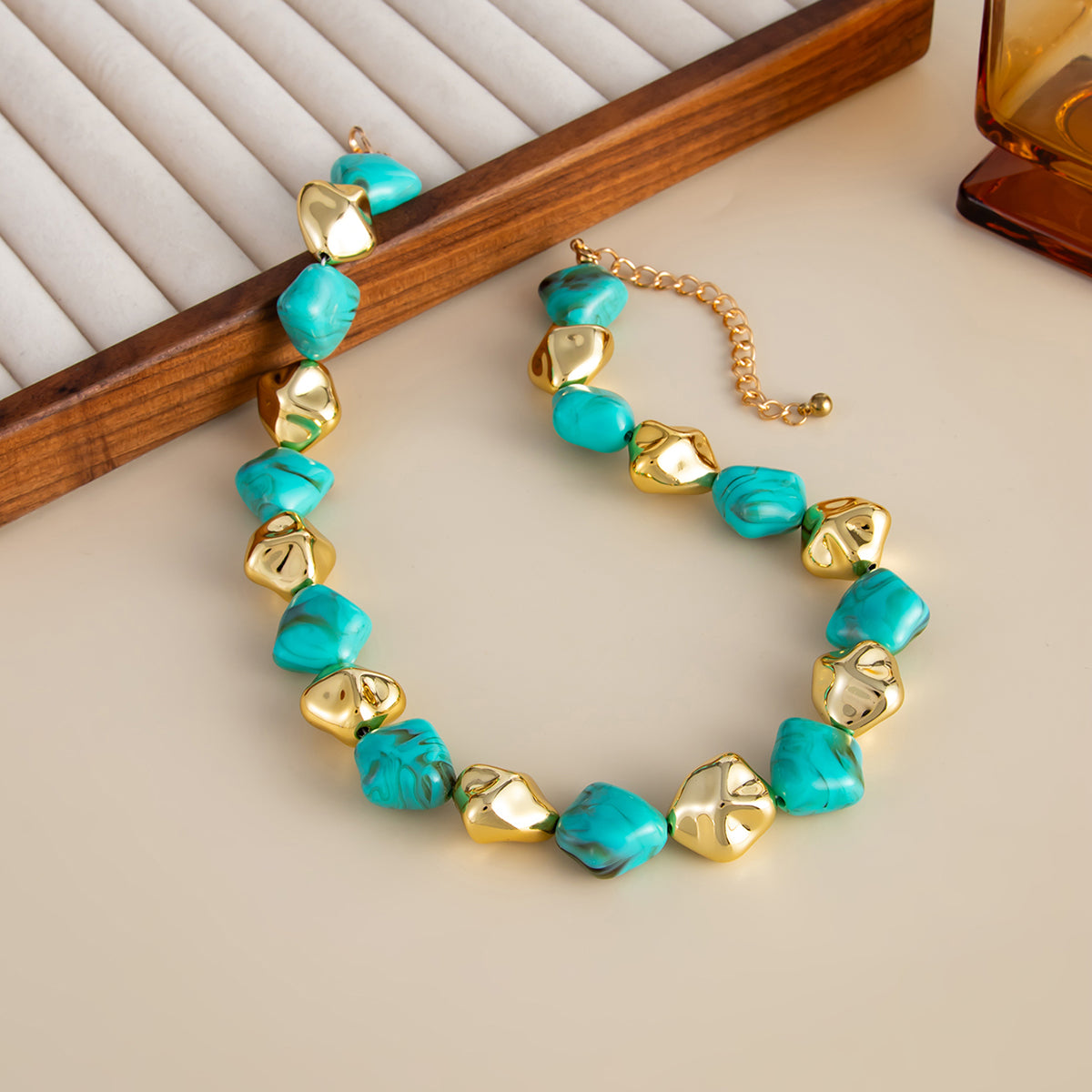 Teal Resin and Goldtone Irregular Rhombus Station Collar Necklace, elegant gift for her, side view