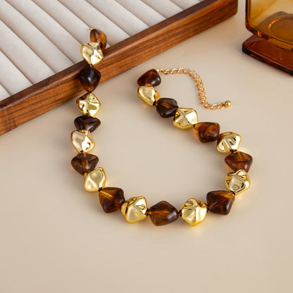 Coffee Resin and Goldtone Irregular Rhombus Station Collar Necklace, dainty minimalist design, side view