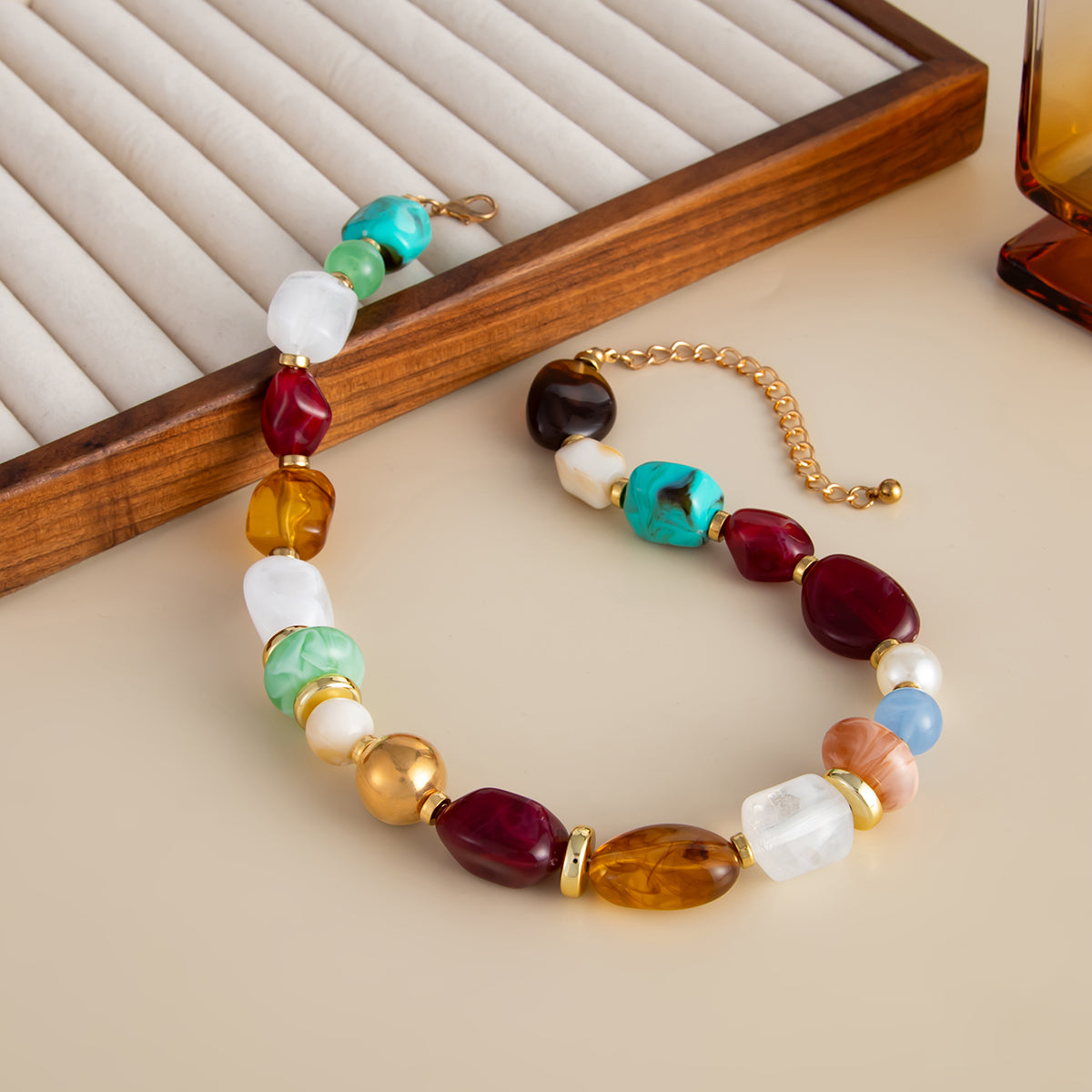 Multi-Colored Resin and Goldtone Irregular Bead Collar Necklace, elegant gift for her, side view
