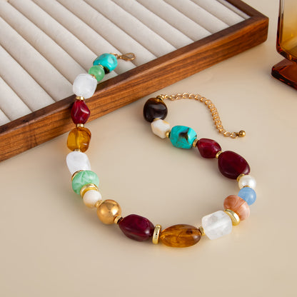 Multi-Colored Resin and Goldtone Irregular Bead Collar Necklace, elegant gift for her, side view