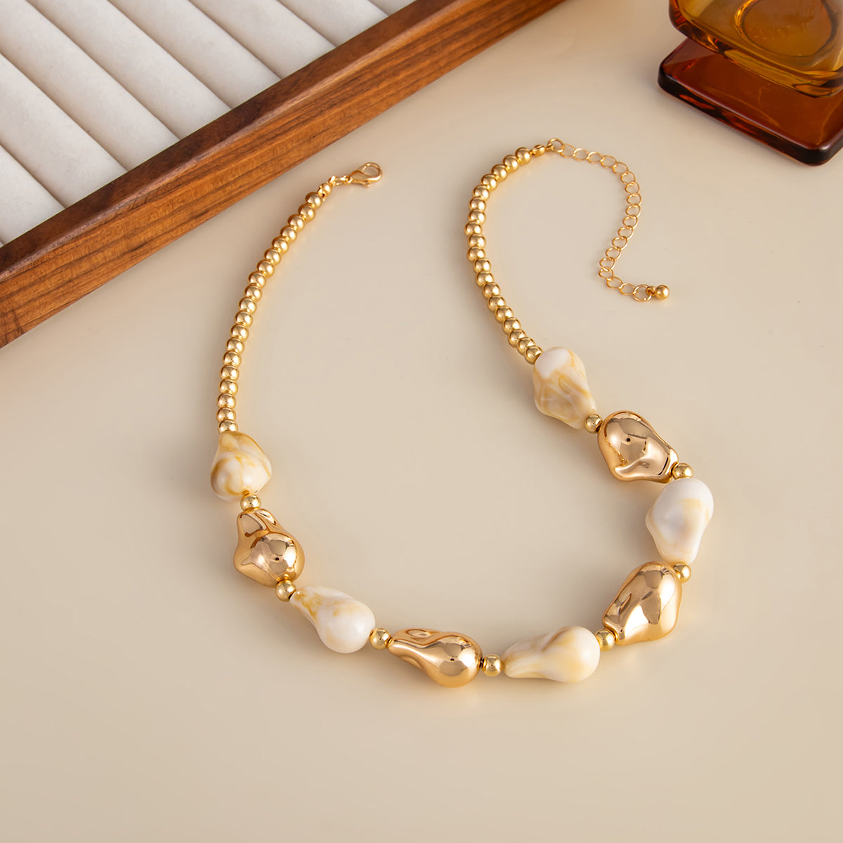 Beige Resin and Goldtone Irregular Drop Station Collar Necklace, elegant gift for her, side view
