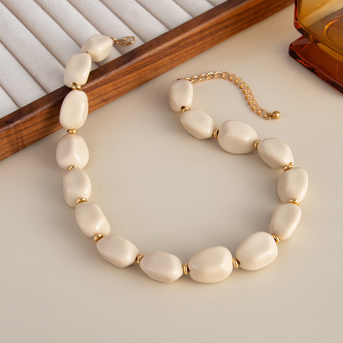 Beige Resin and Goldtone Irregular Beads Collar Necklace, everyday style, side view
