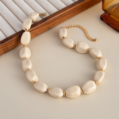 Beige Resin and Goldtone Irregular Beads Collar Necklace, everyday style, side view