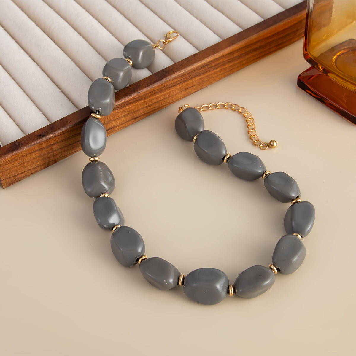 Dark Gray Resin and Goldtone Irregular Beads Collar Necklace, everyday style, side view