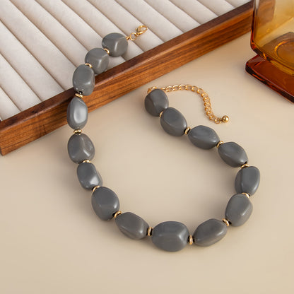 Dark Gray Resin and Goldtone Irregular Beads Collar Necklace, everyday style, side view
