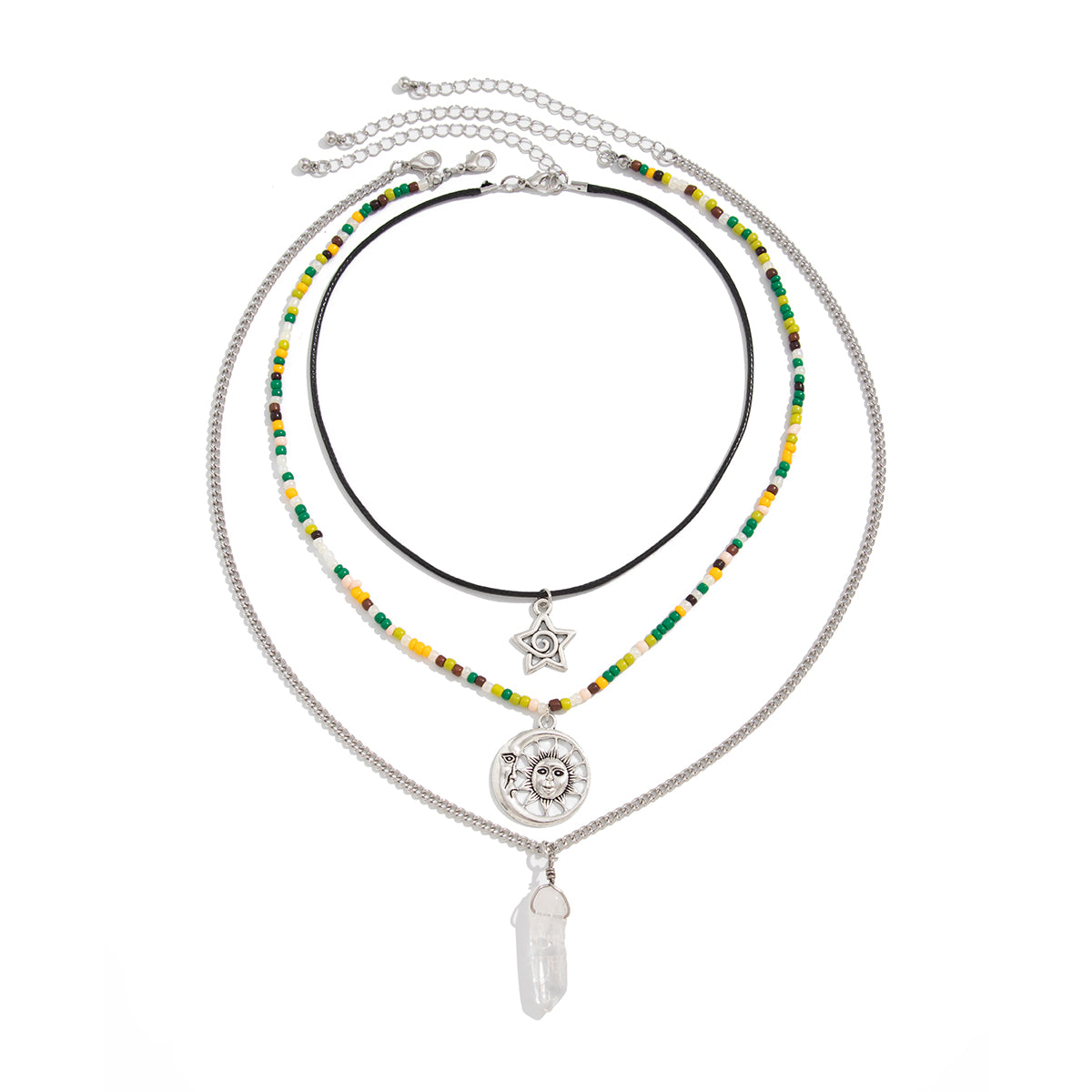 Crystal and Howlite Polyster Silvertone Sun Hexagonal Prism Pendant Necklace Set, silver pendant necklace for..., front view