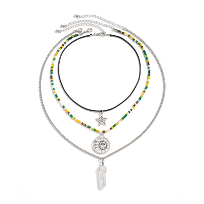 Crystal and Howlite Polyster Silvertone Sun Hexagonal Prism Pendant Necklace Set, silver pendant necklace for..., front view