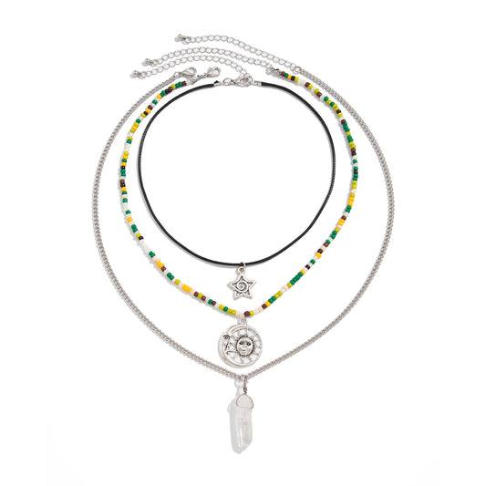 Crystal and Howlite Polyster Silvertone Sun Hexagonal Prism Pendant Necklace Set, silver pendant necklace for..., front view