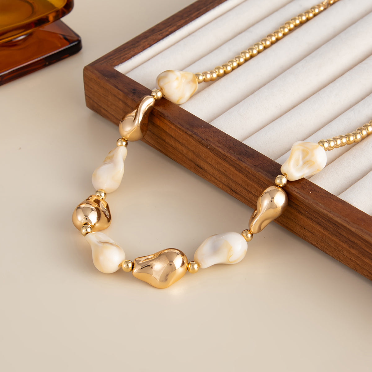 Beige Resin and Goldtone Irregular Drop Station Collar Necklace, elegant gift for her, detail close-up