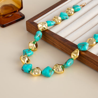 Teal Resin and Goldtone Irregular Rhombus Station Collar Necklace, elegant gift for her, detail close-up